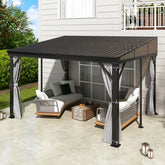 COVERONICS 10' X 13' Outdoor Polycarbonate Lean to Gazebo - Wall-Mounted Aluminum Frame Gazebo with Slope Hardtop, Patio Heavy-Duty Lean to Pergola with Netting & Curtains for Garden, Backyard, Deck