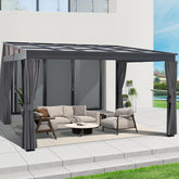 COVERONICS 10' X 13' Outdoor Wall-Mounted Hardtop Gazebo - Lean to Aluminum Frame Gazebo with Slope Roof, Heavy-Duty Polycarbonate Top Gazebo Pergola with Netting & Curtains for Rainy Day, Sunlight