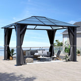 COVERONICS 10' x 12' Porch Polycarbonate Hardtop Gazebo with Steel Frame - Outdoor Translucent Single Roof Gazebo with Breathable Netting & Shaded Curtains for Patio, Lawn, Garden, Backyard, Poolside