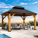 COVERONICS 11FT x 13FT Outdoor Spruce Wooden Gazebo - Patio Wood Frame Gazebo with Galvanized Steel Double Roof, Heavy-Duty Hardtop Gazebos for Garden, Poolside, Deck, Backyard