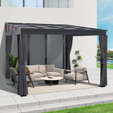 COVERONICS 10' X 10' Outdoor Polycarbonate Hardtop Gazebo - Wall-Mounted Aluminum Frame Gazebo with Slope Roof, Patio Heavy-Duty Lean to Gazebo Pergola with Netting & Curtains for Garden, Backyard
