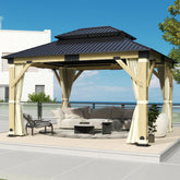 COVERONICS 11FT x 13FT Outdoor Cedar Wooden Gazebo - Patio Wood Frame Gazebo with Galvanized Steel Hardtop, Heavy-Duty Hardtop Gazebo with Netting & Curtains for Garden, Poolside, Deck, Backyard