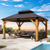 COVERONICS 13FT x 15FT Outdoor Spruce Wooden Gazebo - Patio Wood Frame Gazebo with Galvanized Steel Double Roof, Heavy-Duty Hardtop Gazebos for Garden, Poolside, Deck, Backyard