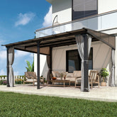 COVERONICS 12' X 14' Outdoor Polycarbonate Lean to Gazebo - Wall-Mounted Aluminum Frame Gazebo with Slope Hardtop, Patio Heavy-Duty Lean to Pergola with Netting & Curtains for Garden, Backyard, Deck