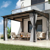 COVERONICS 10' X 10' Outdoor Polycarbonate Lean to Gazebo - Wall-Mounted Aluminum Frame Gazebo with Slope Hardtop, Patio Heavy-Duty Lean to Pergola with Netting & Curtains for Garden, Backyard, Deck