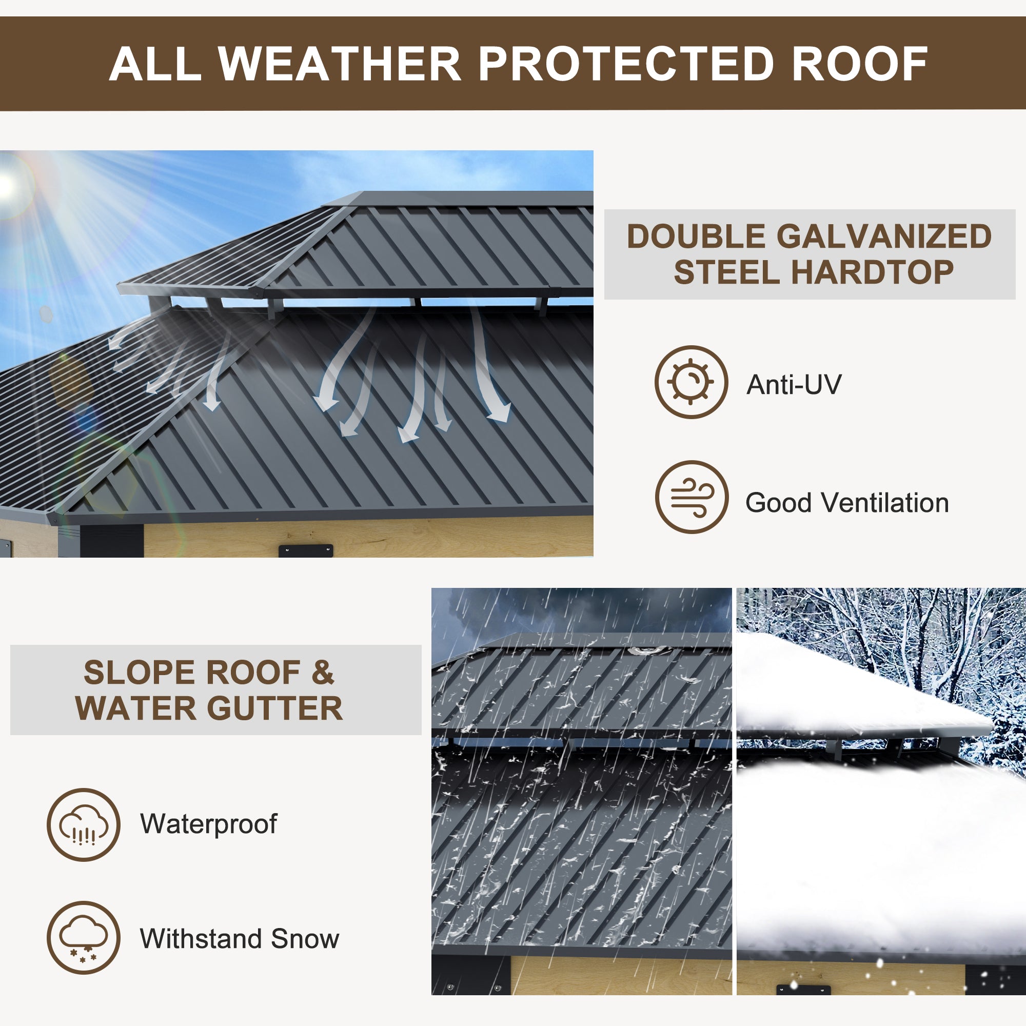 COVERONICS 10FT x 12FT Outdoor Cedar Wooden Gazebo - Patio Wood Frame Gazebo with Galvanized Steel Hardtop, Heavy-Duty Hardtop Gazebo for Garden, Poolside, Deck, Backyard