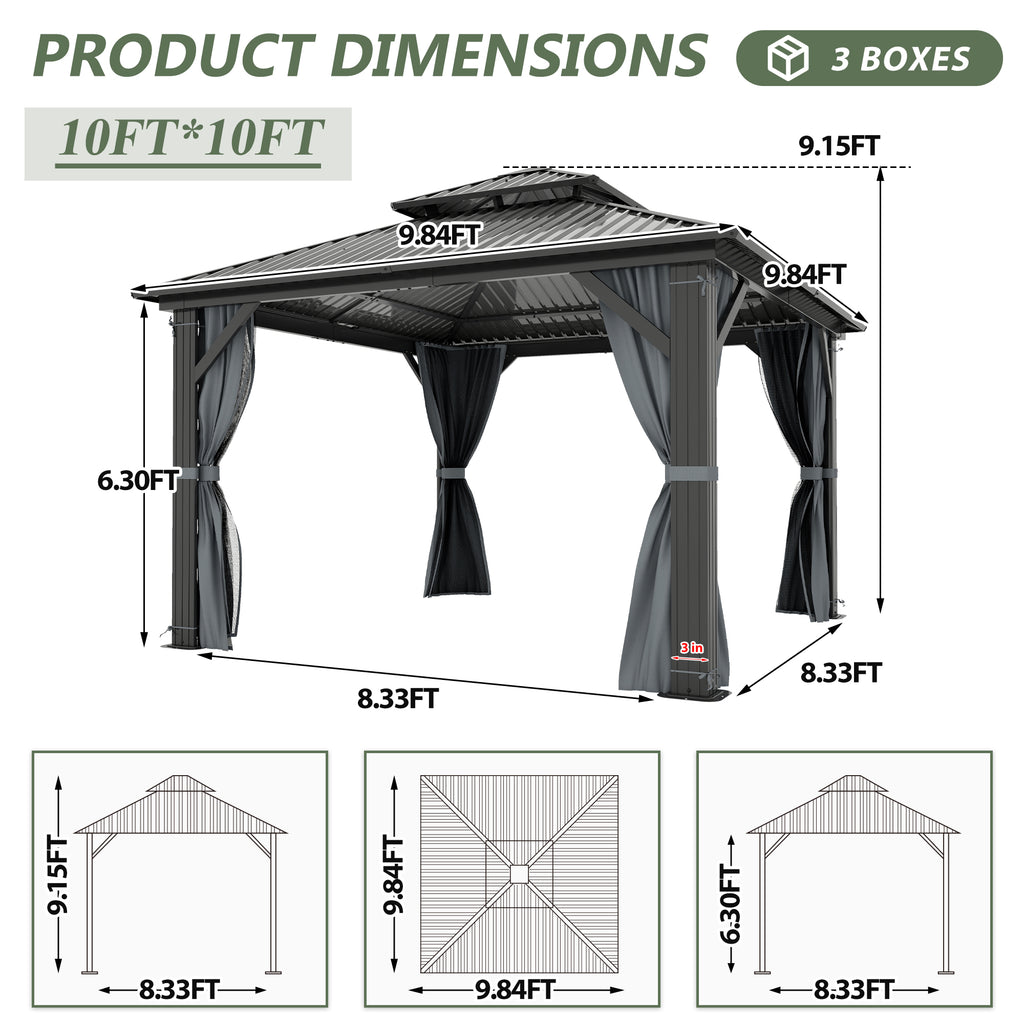 10×10 ft All-Steel Hardtop Gazebo with 0.25mm Color Steel Double Roof, Black Frame, Curtains & Netting