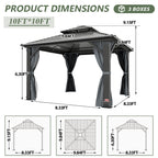 10×10 ft All-Steel Hardtop Gazebo with 0.25mm Color Steel Double Roof, Black Frame, Curtains & Netting