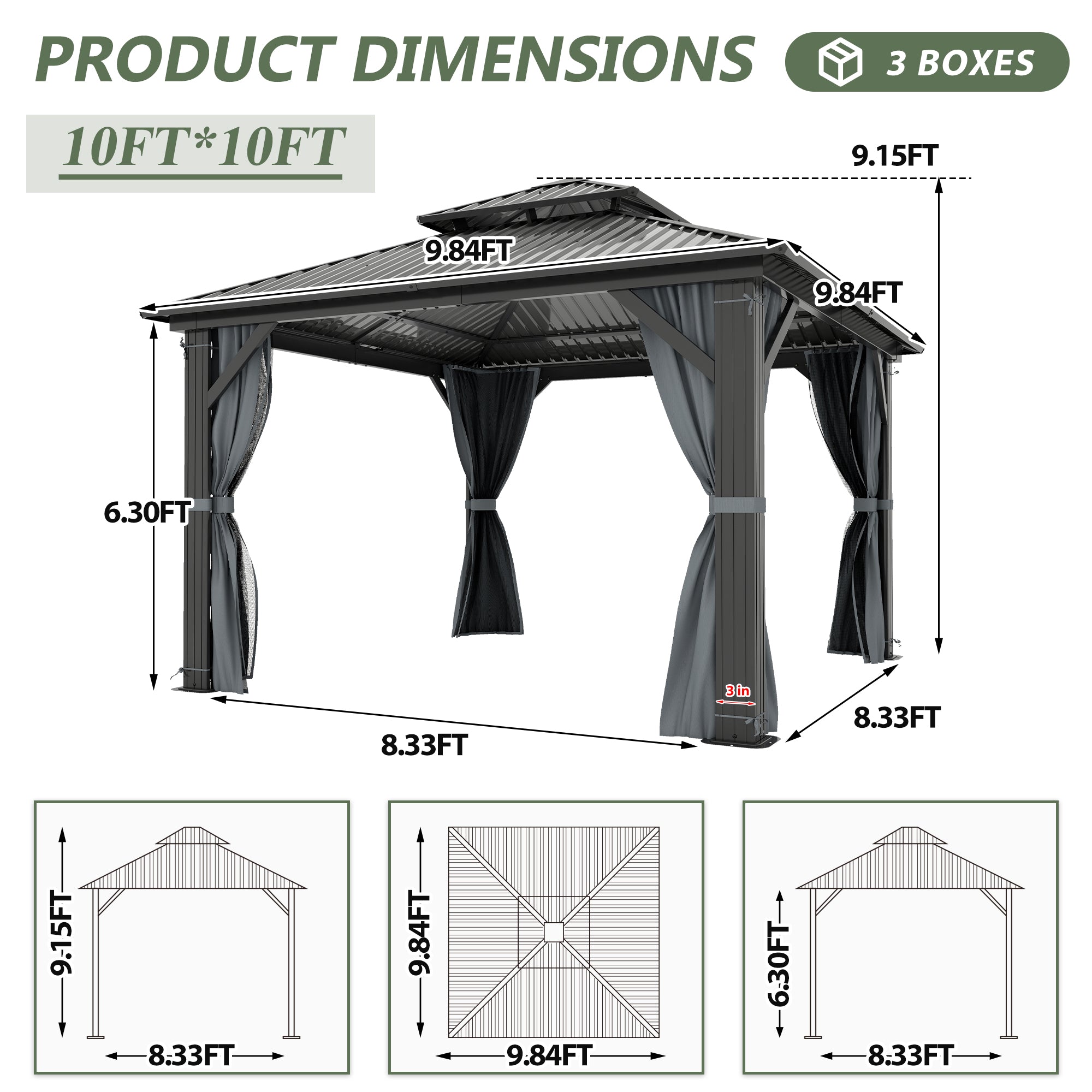 10×10 ft All-Steel Hardtop Gazebo with 0.25mm Color Steel Double Roof, Black Frame, Curtains & Netting