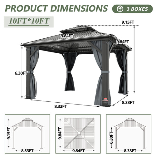 10×10 ft All-Steel Hardtop Gazebo with 0.25mm Color Steel Double Roof, Black Frame, Curtains & Netting