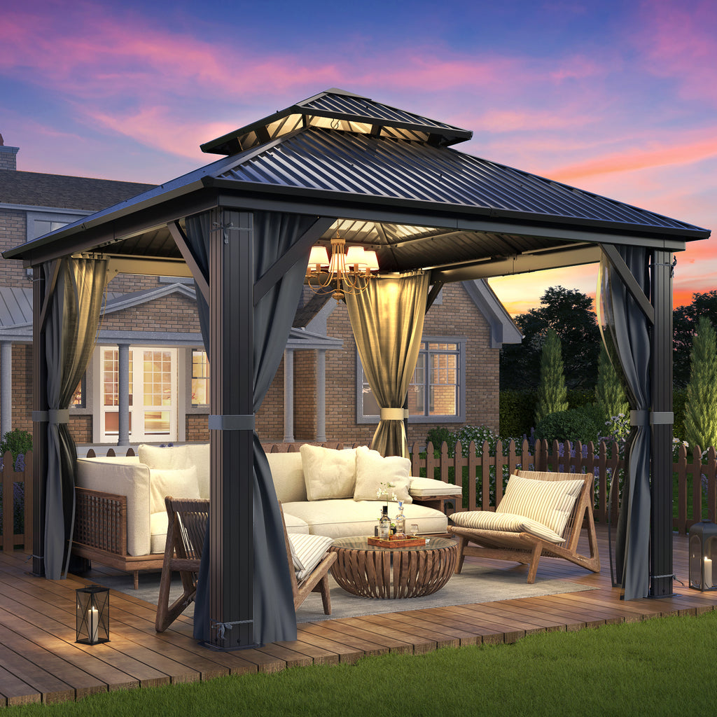 10×10 ft All-Steel Hardtop Gazebo with 0.25mm Color Steel Double Roof, Black Frame, Curtains & Netting