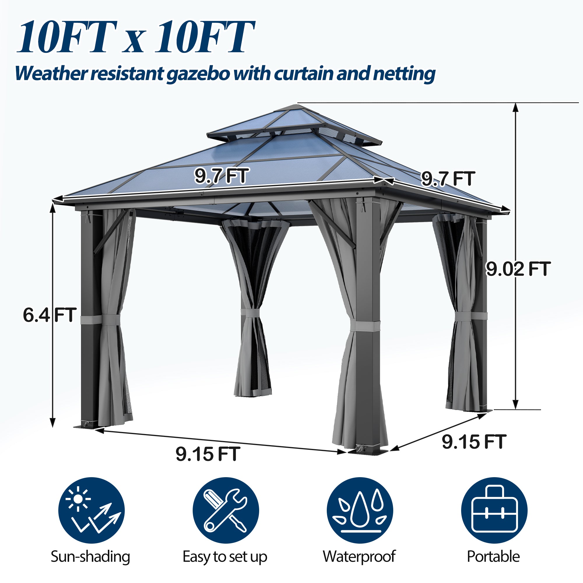 10×10 ft Polycarbonate Double Roof Hardtop Gazebo