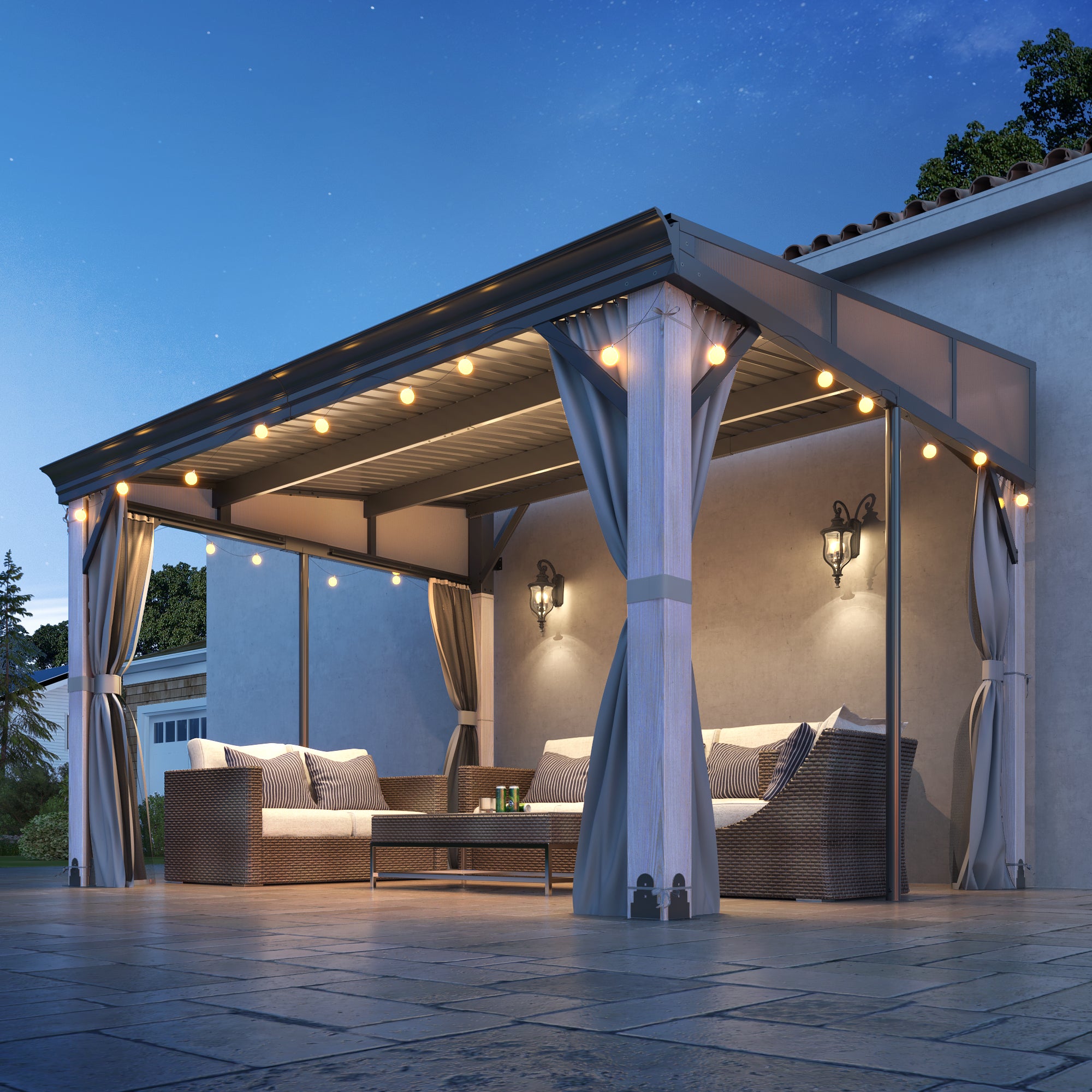 10×12 ft Wall-Mounted Aluminum Gazebo With Natural Wood Framing