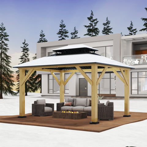 COVERONICS 10FT x 12FT Outdoor Cedar Wooden Gazebo - Patio Wood Frame Gazebo with Galvanized Steel Hardtop, Heavy-Duty Hardtop Gazebo for Garden, Poolside, Deck, Backyard