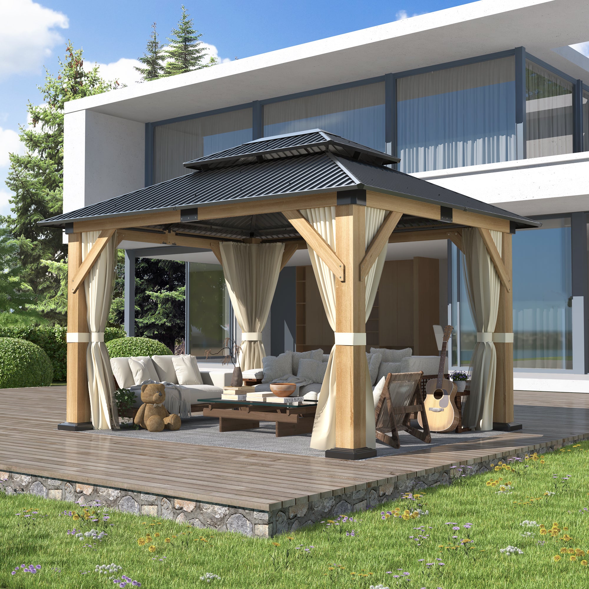 10×12 ft Natural Wooden Hardtop Gazebo