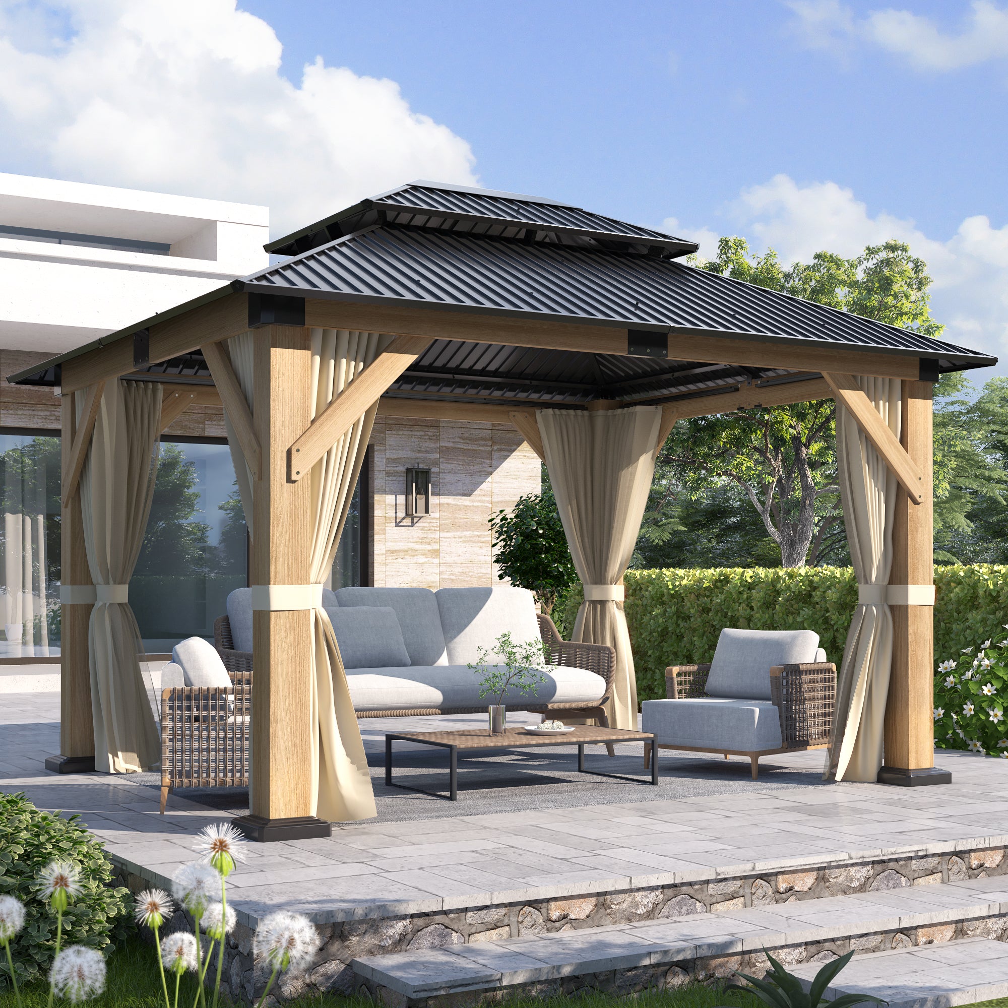 10×12 ft Natural Wooden Hardtop Gazebo