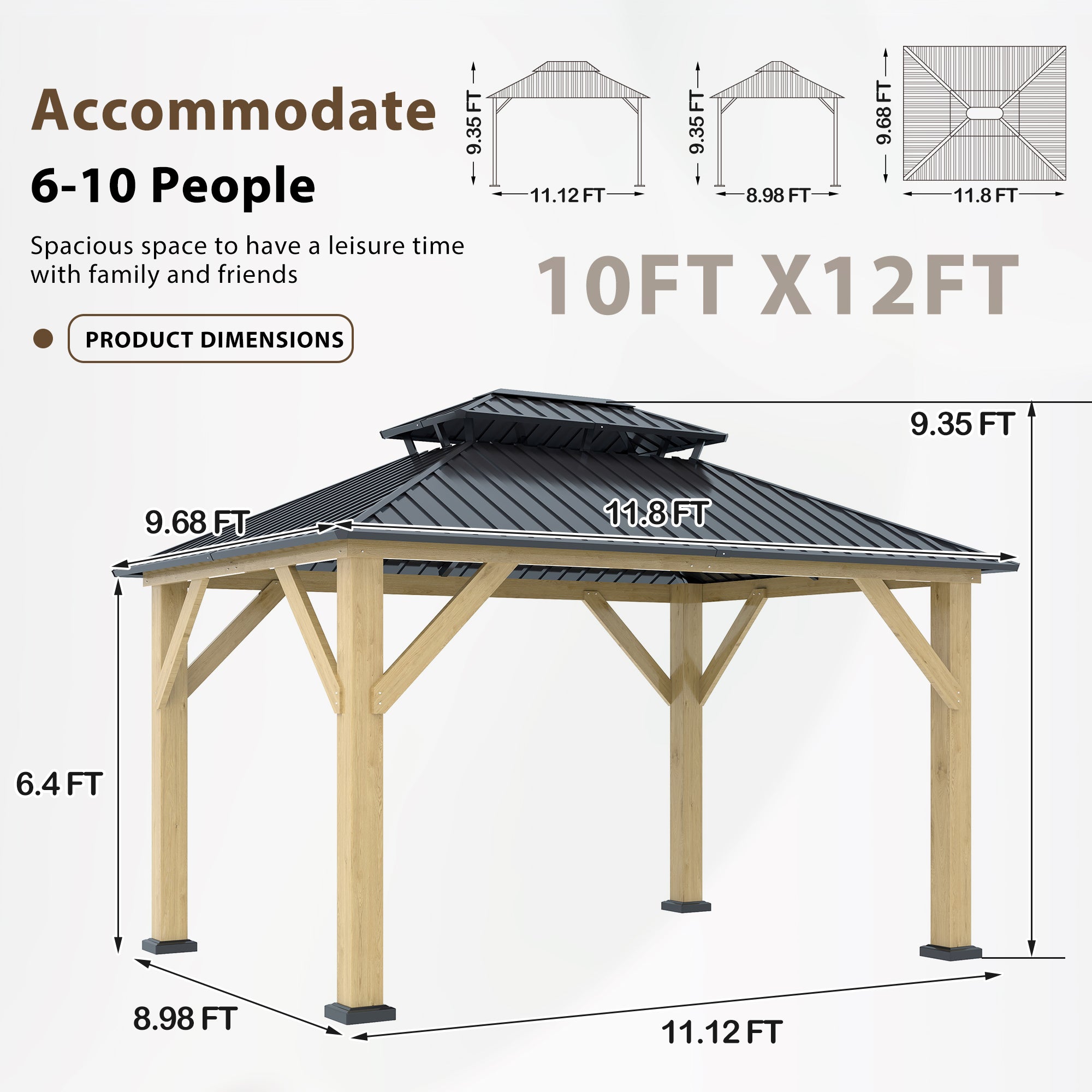 COVERONICS 10FT x 12FT Outdoor Cedar Wooden Gazebo - Patio Wood Frame Gazebo with Galvanized Steel Hardtop, Heavy-Duty Hardtop Gazebo for Garden, Poolside, Deck, Backyard