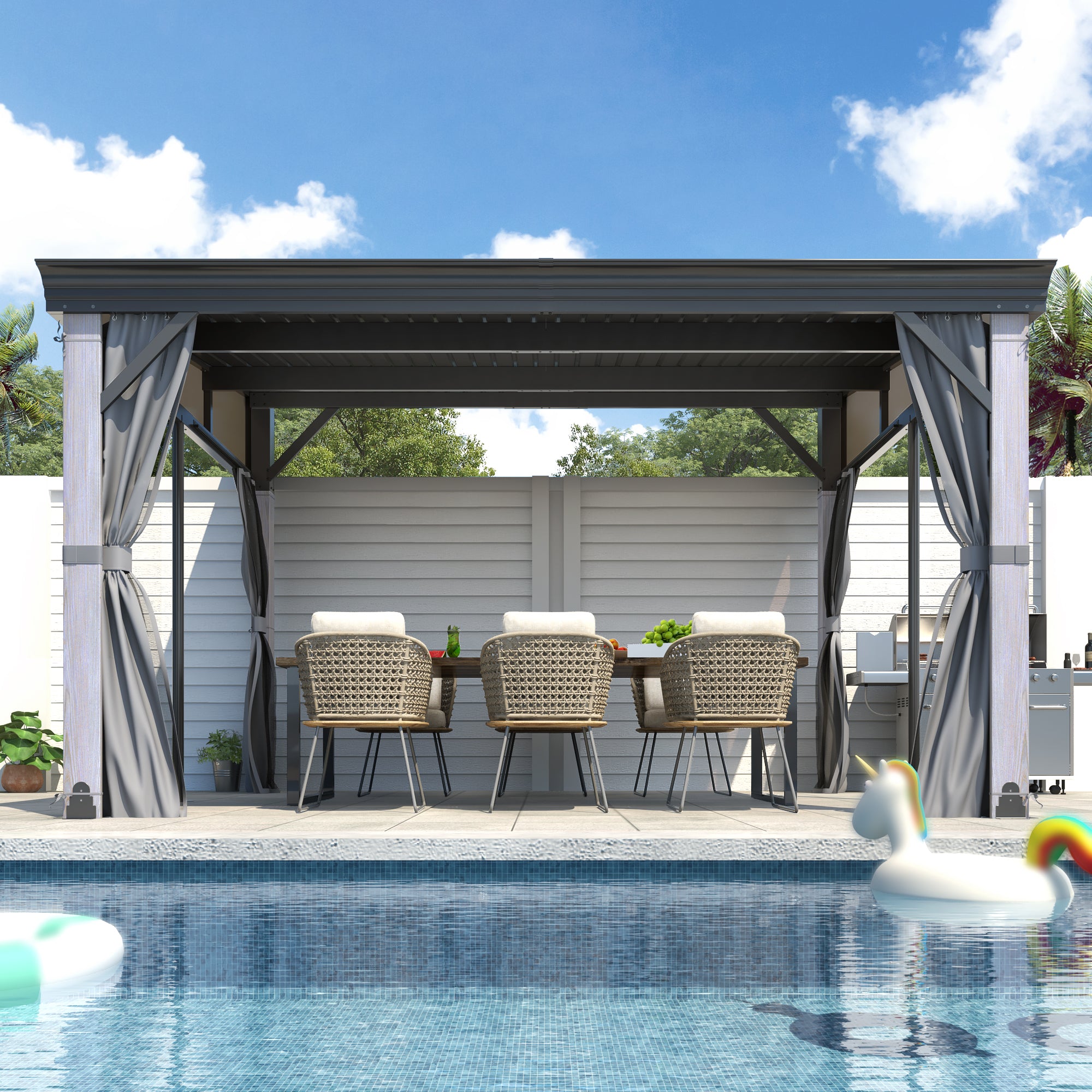 10×12 ft Wall-Mounted Aluminum Gazebo With Natural Wood Framing