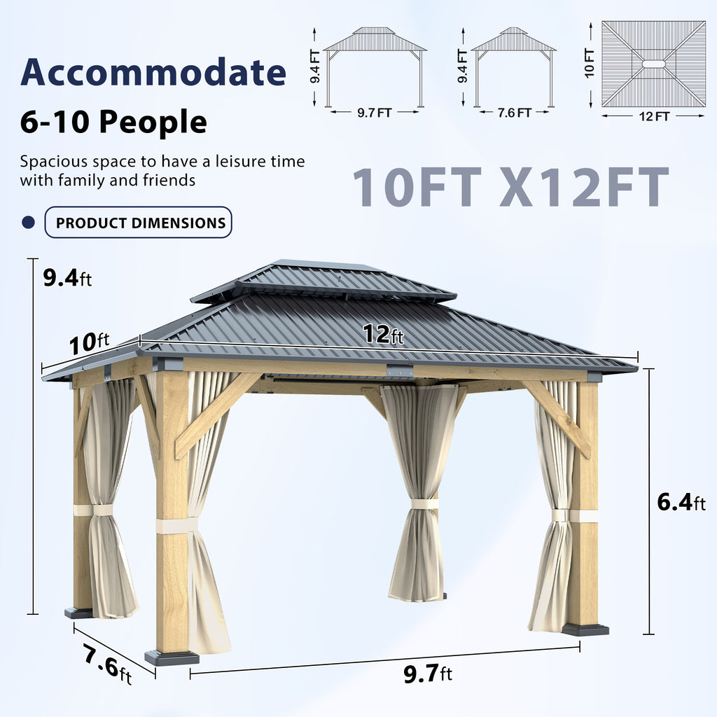 10×12 ft Natural Wooden Hardtop Gazebo
