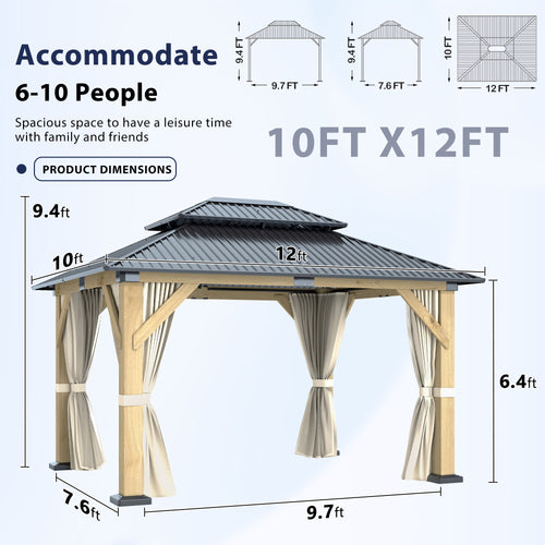 10×12 ft Natural Wooden Hardtop Gazebo