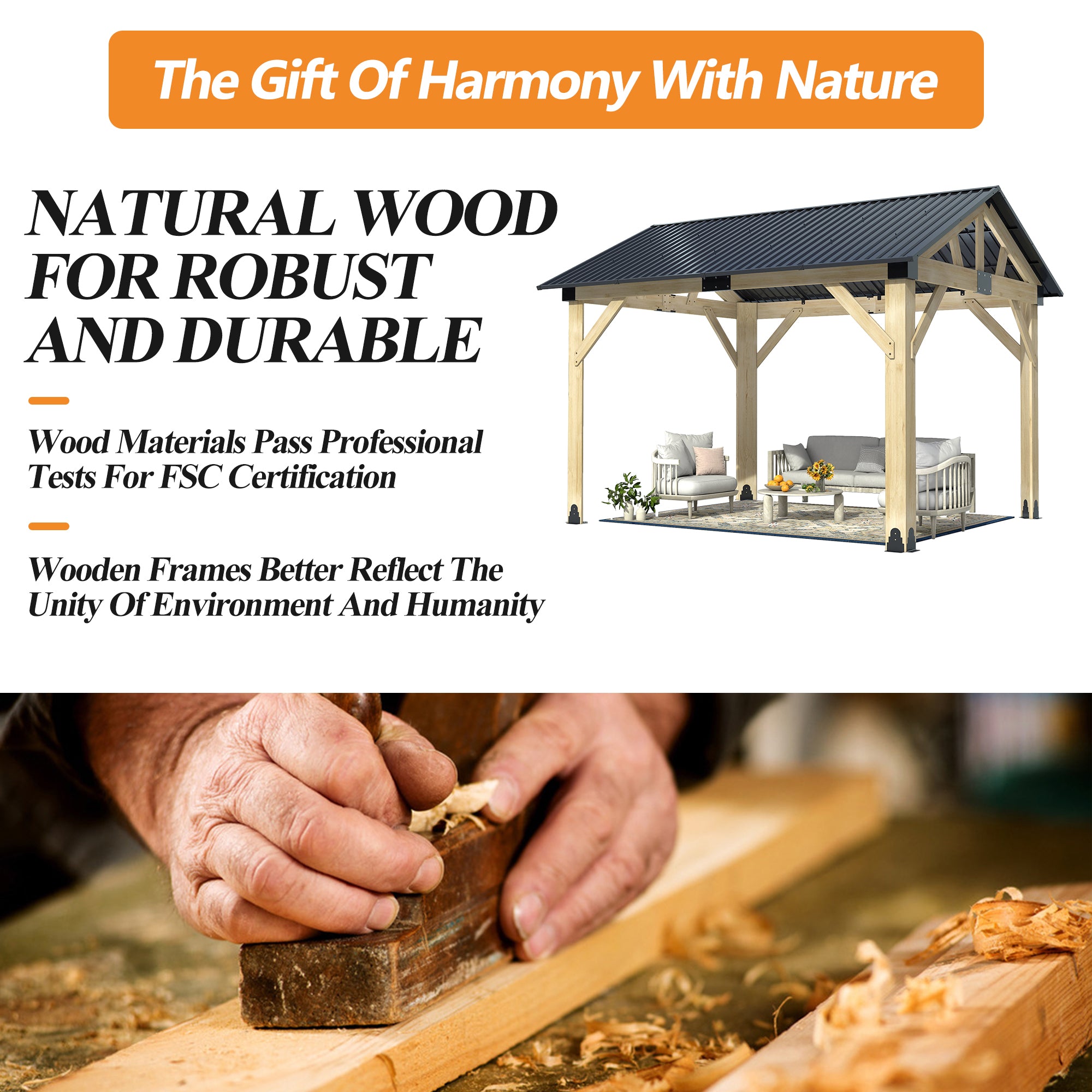 Outdoor Wooden Hardtop Gazebo with Galvanized Steel Roof – All-Weather Patio Shelter for Backyard, Deck & Garden