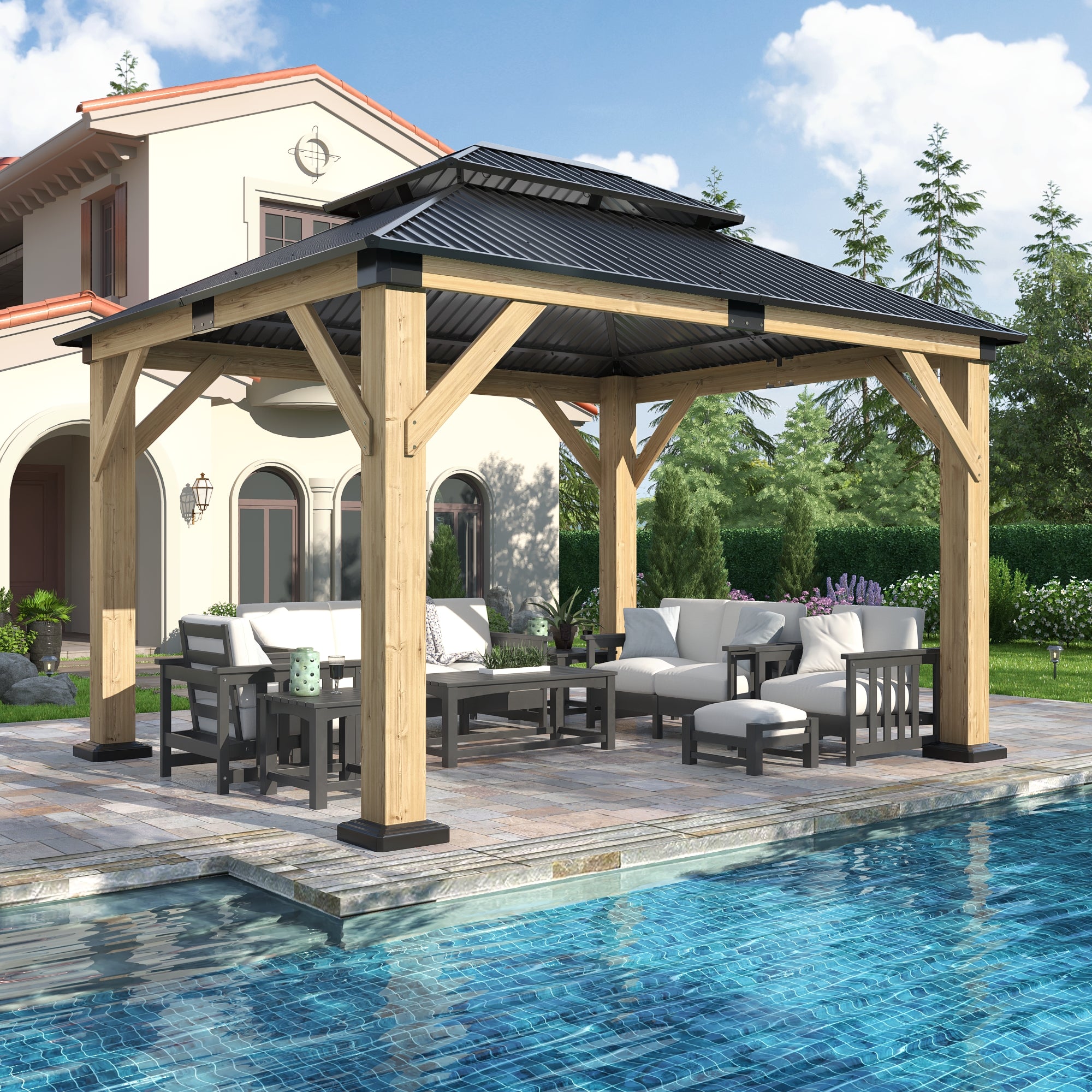 10×12 ft Natural Wooden Hardtop Gazebo