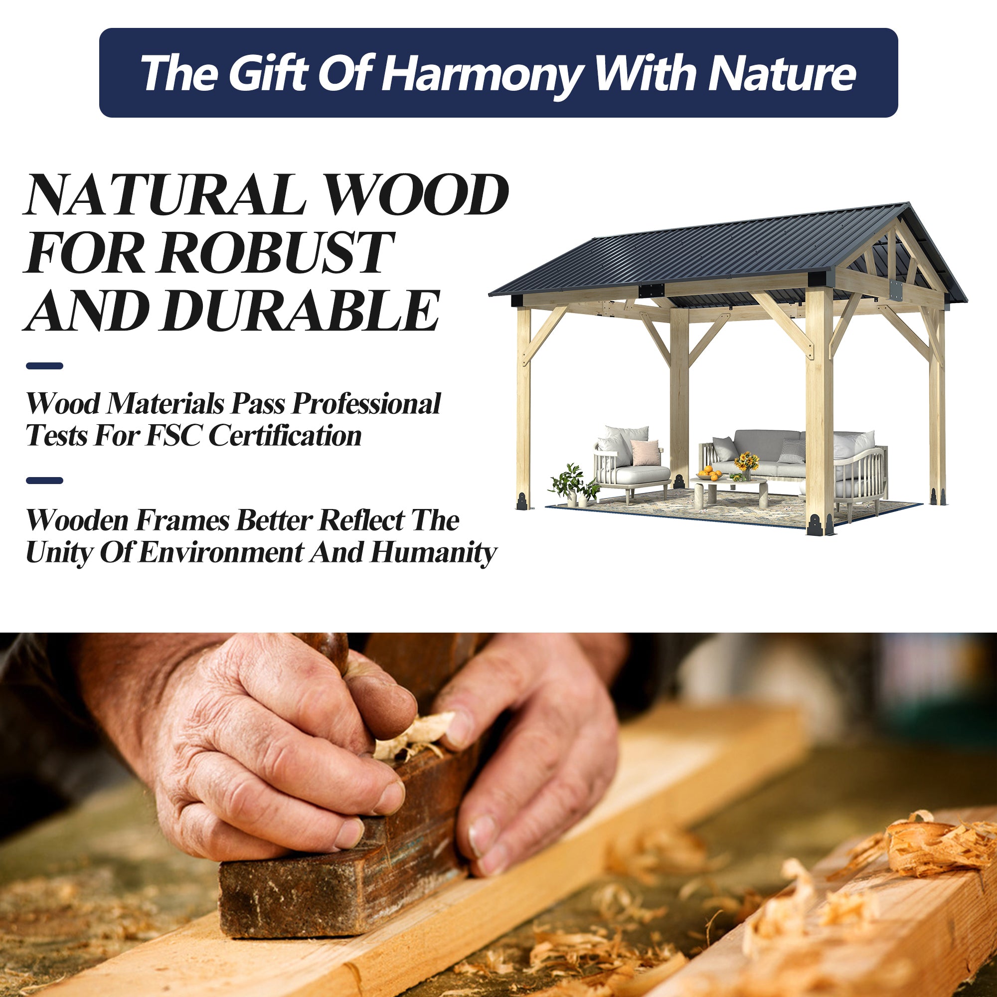 Multiple sizes Wooden Sloped Hardtop Gazebo（Curtains not included）