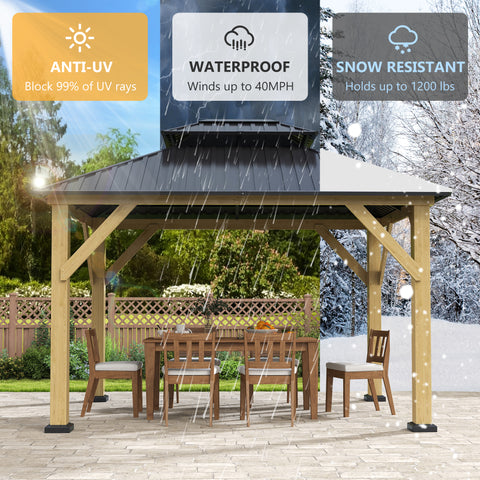 COVERONICS 10FT x 12FT Outdoor Cedar Wooden Gazebo - Patio Wood Frame Gazebo with Galvanized Steel Hardtop, Heavy-Duty Hardtop Gazebo for Garden, Poolside, Deck, Backyard