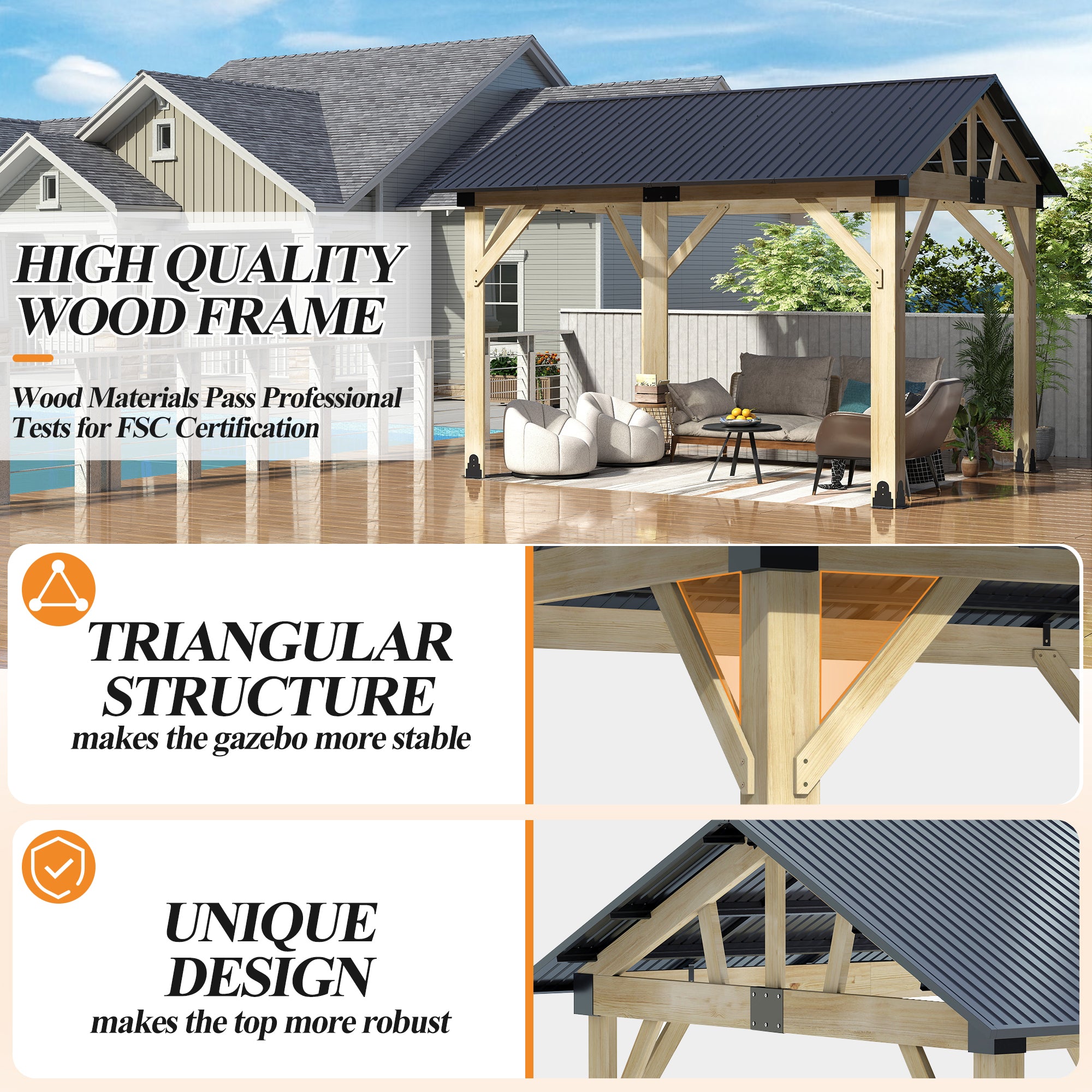 Outdoor Wooden Hardtop Gazebo with Galvanized Steel Roof – All-Weather Patio Shelter for Backyard, Deck & Garden