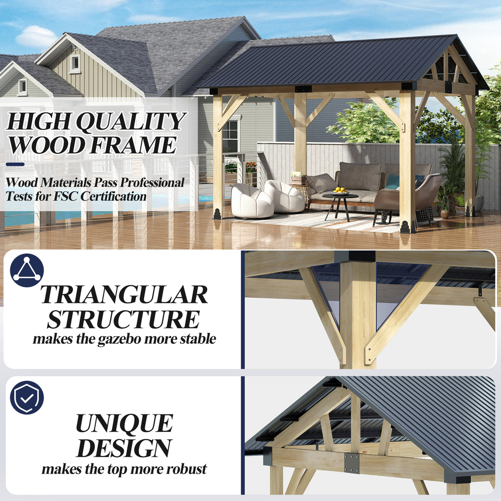 Multiple sizes Wooden Sloped Hardtop Gazebo（Curtains not included）