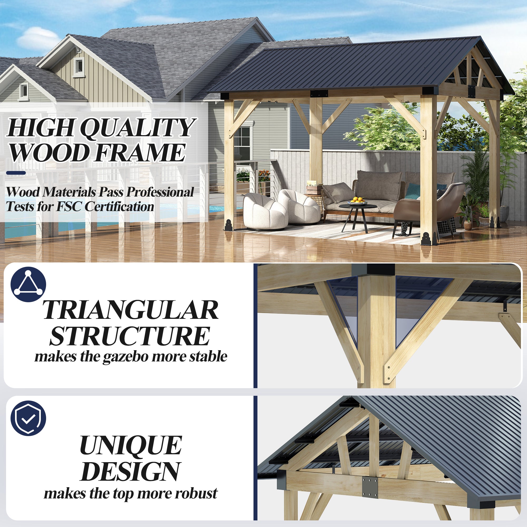 Multiple sizes Wooden Sloped Hardtop Gazebo（Curtains not included）