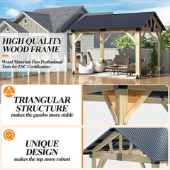 Outdoor Wooden Hardtop Gazebo with Galvanized Steel Roof – All-Weather Patio Shelter for Backyard, Deck & Garden