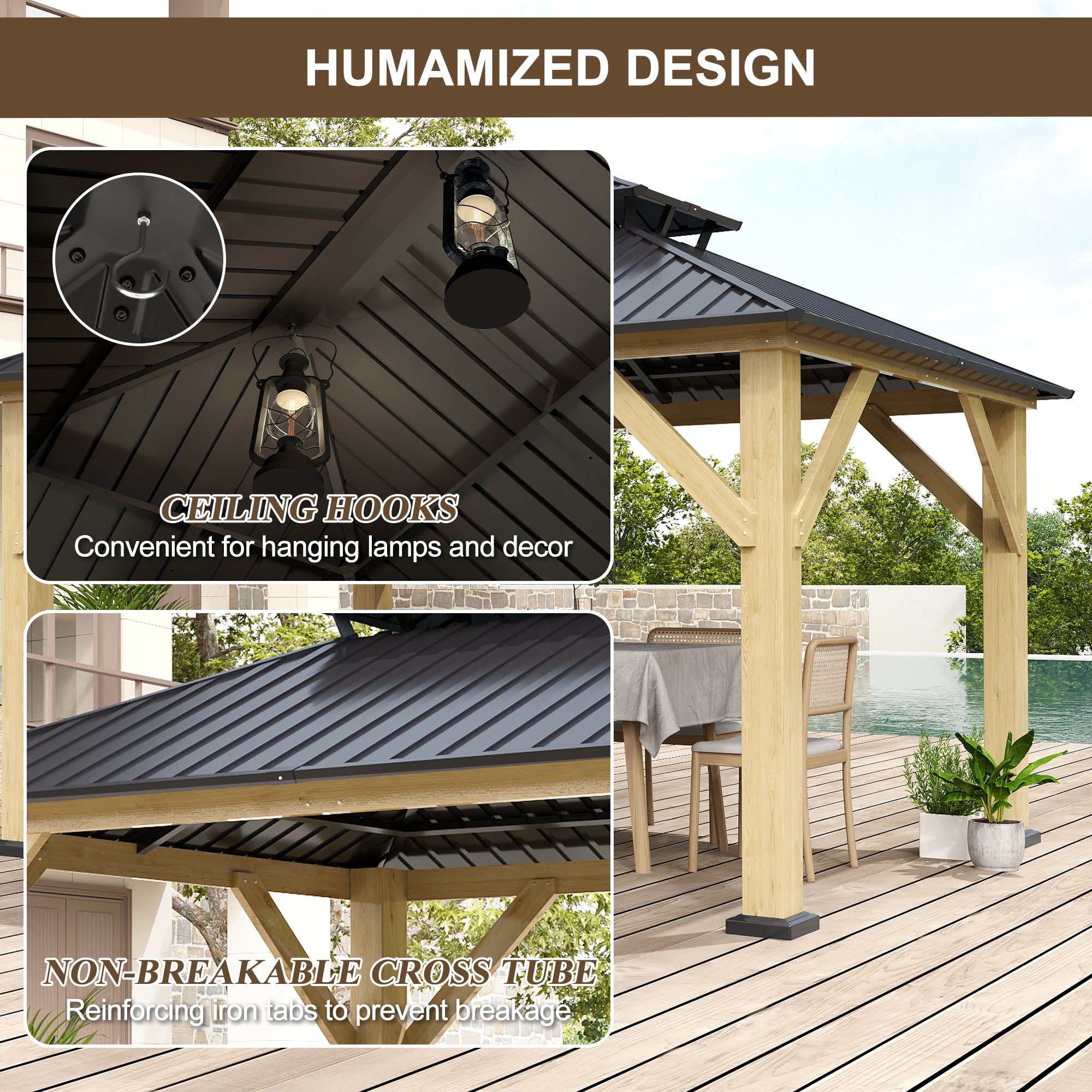 COVERONICS 10FT x 12FT Outdoor Cedar Wooden Gazebo - Patio Wood Frame Gazebo with Galvanized Steel Hardtop, Heavy-Duty Hardtop Gazebo for Garden, Poolside, Deck, Backyard