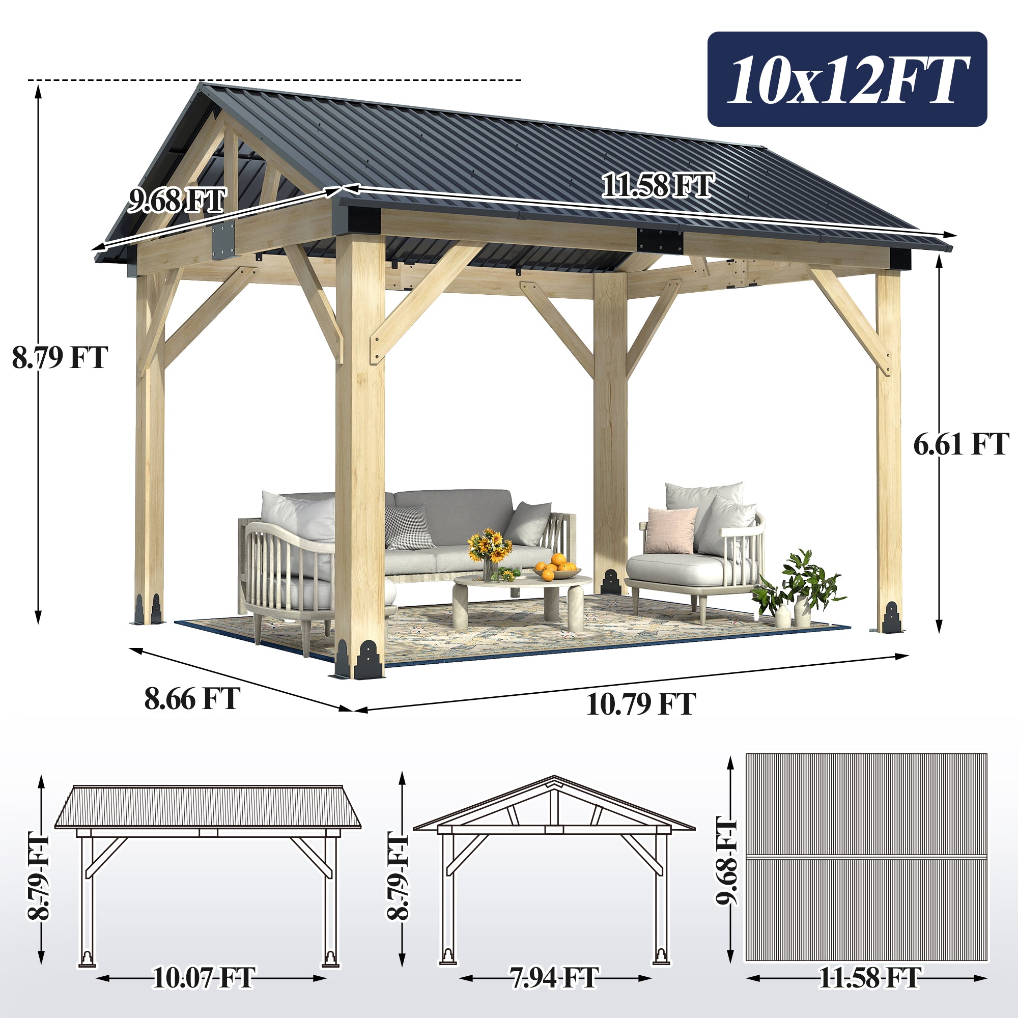 Multiple sizes Wooden Sloped Hardtop Gazebo（Curtains not included）