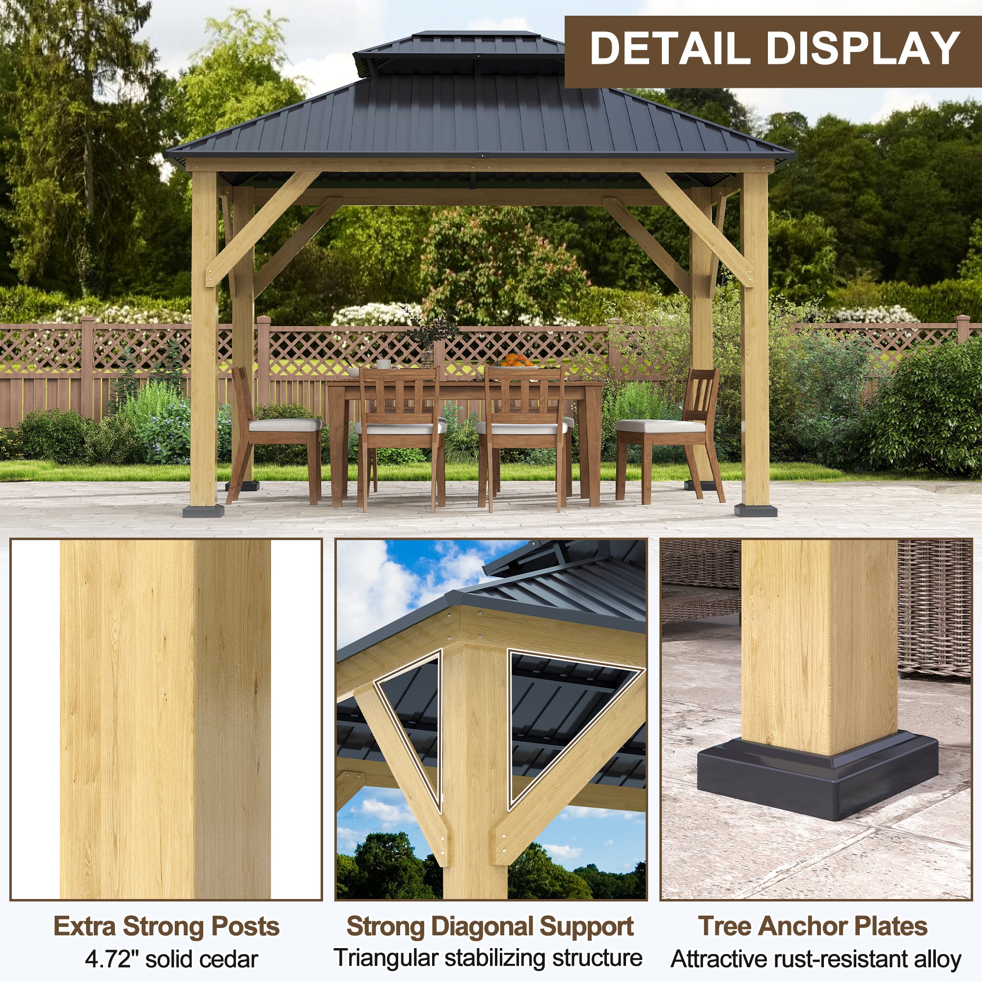 COVERONICS 10FT x 12FT Outdoor Cedar Wooden Gazebo - Patio Wood Frame Gazebo with Galvanized Steel Hardtop, Heavy-Duty Hardtop Gazebo for Garden, Poolside, Deck, Backyard