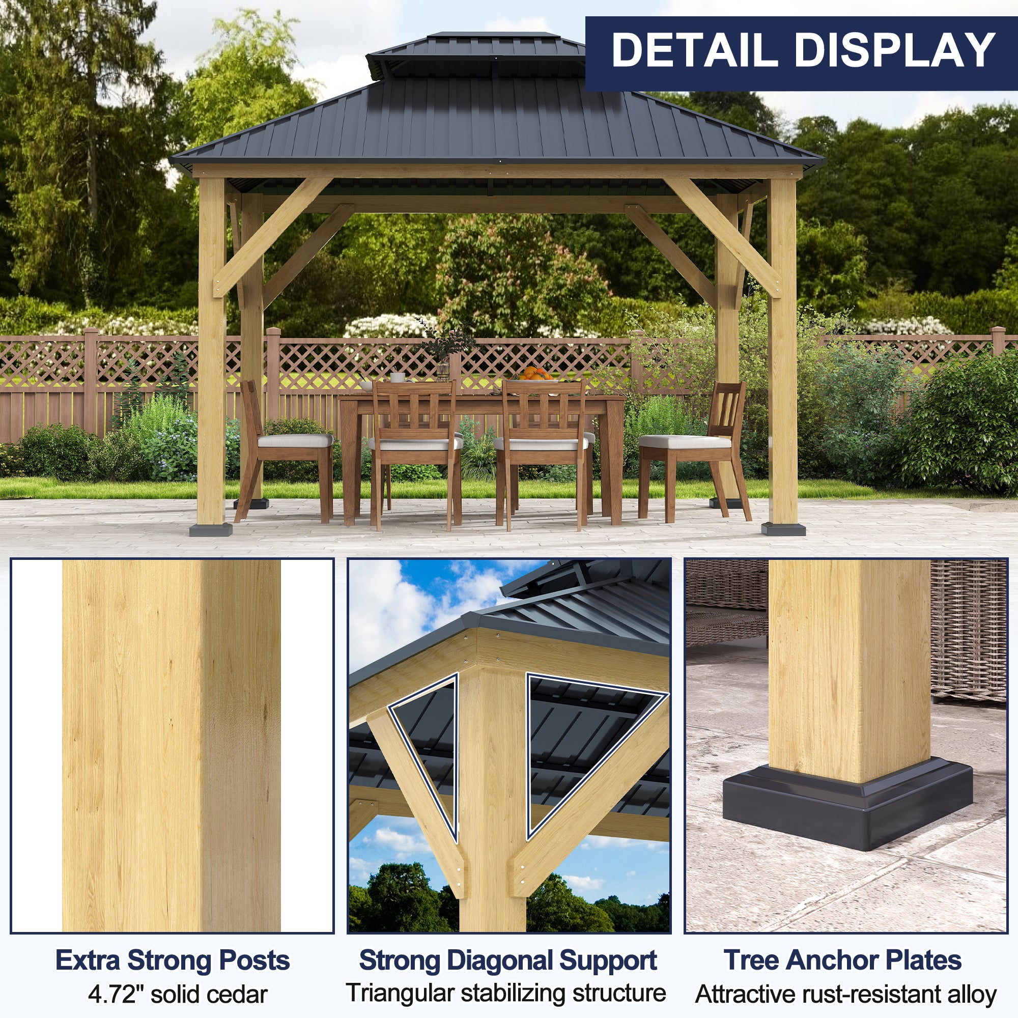 10×12 ft Natural Wooden Hardtop Gazebo