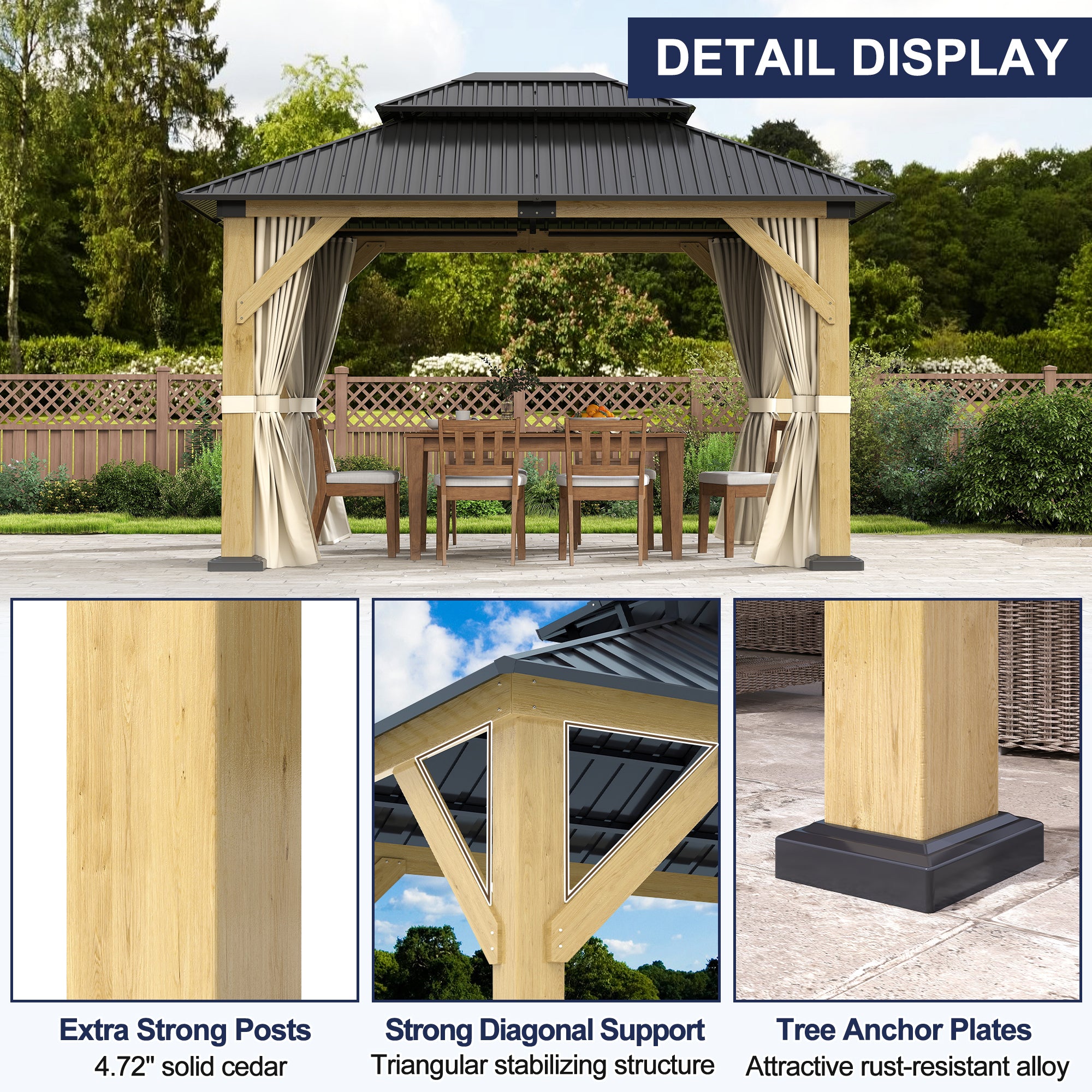 10×12 ft Natural Wooden Hardtop Gazebo