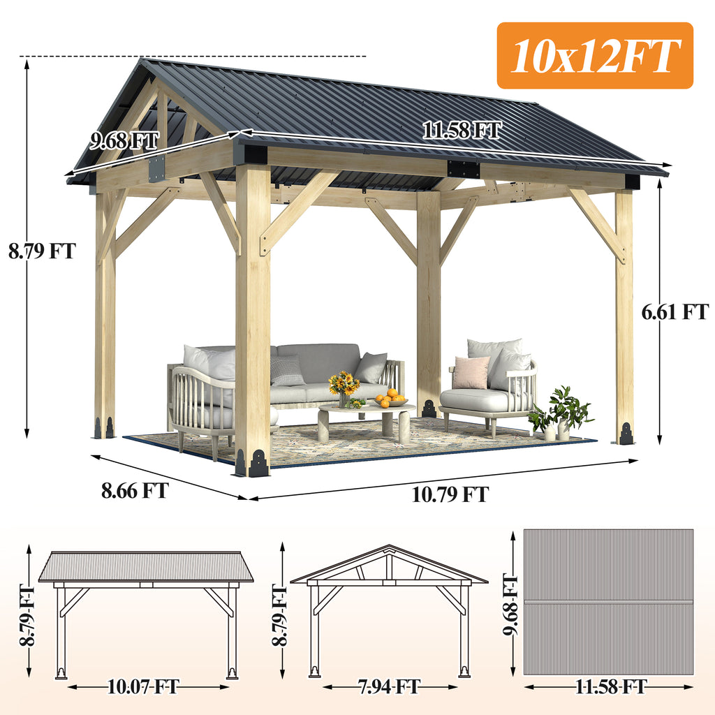 Outdoor Wooden Hardtop Gazebo with Galvanized Steel Roof – All-Weather Patio Shelter for Backyard, Deck & Garden