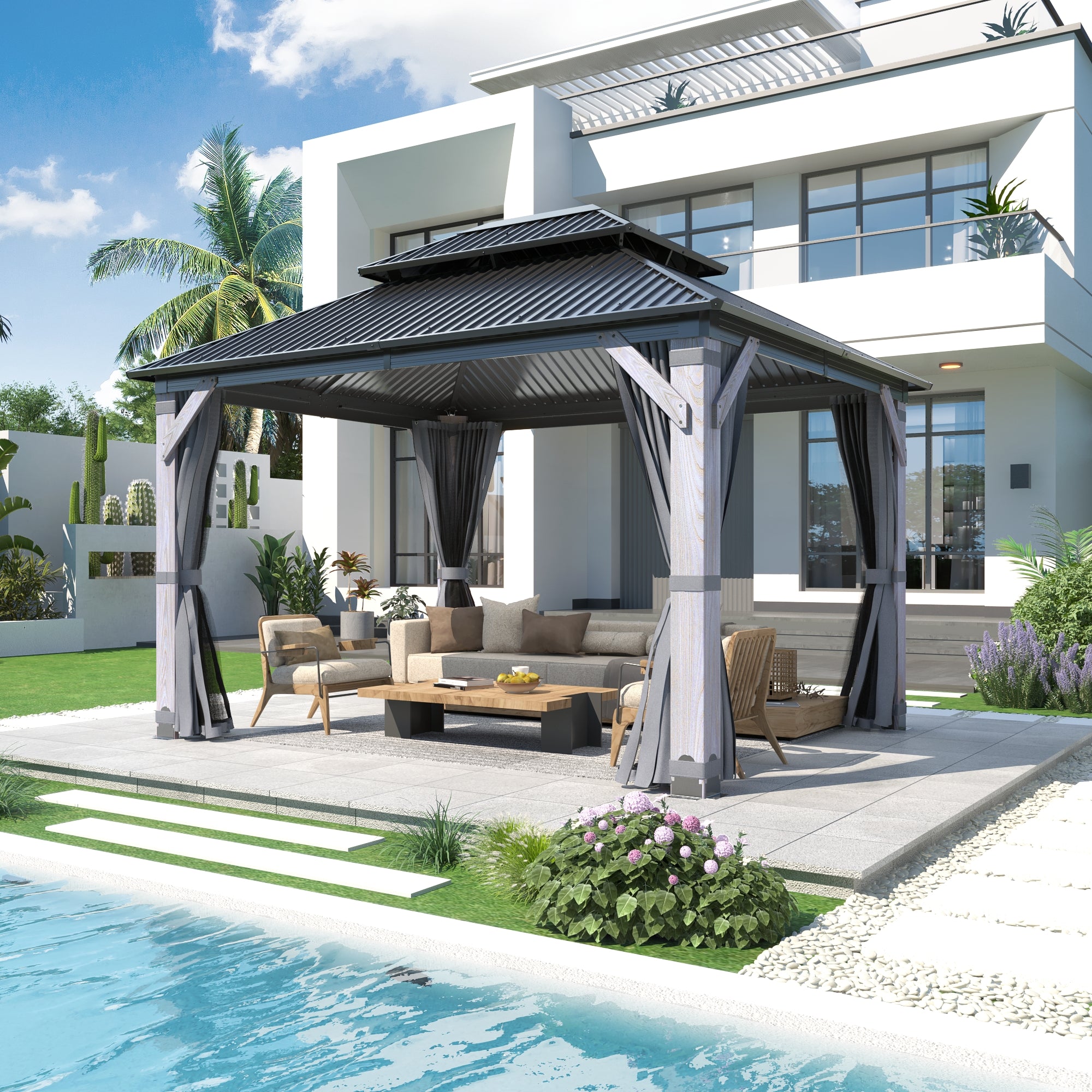CAMP GEEKS 『FB-KAHOGO.CASE』 10x12 Wood Gazebo for Patio | Coveronics Backyard Hardtop Gazebo