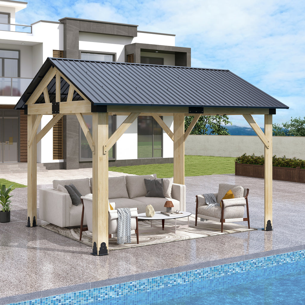 Outdoor Wooden Hardtop Gazebo with Galvanized Steel Roof – All-Weather Patio Shelter for Backyard, Deck & Garden