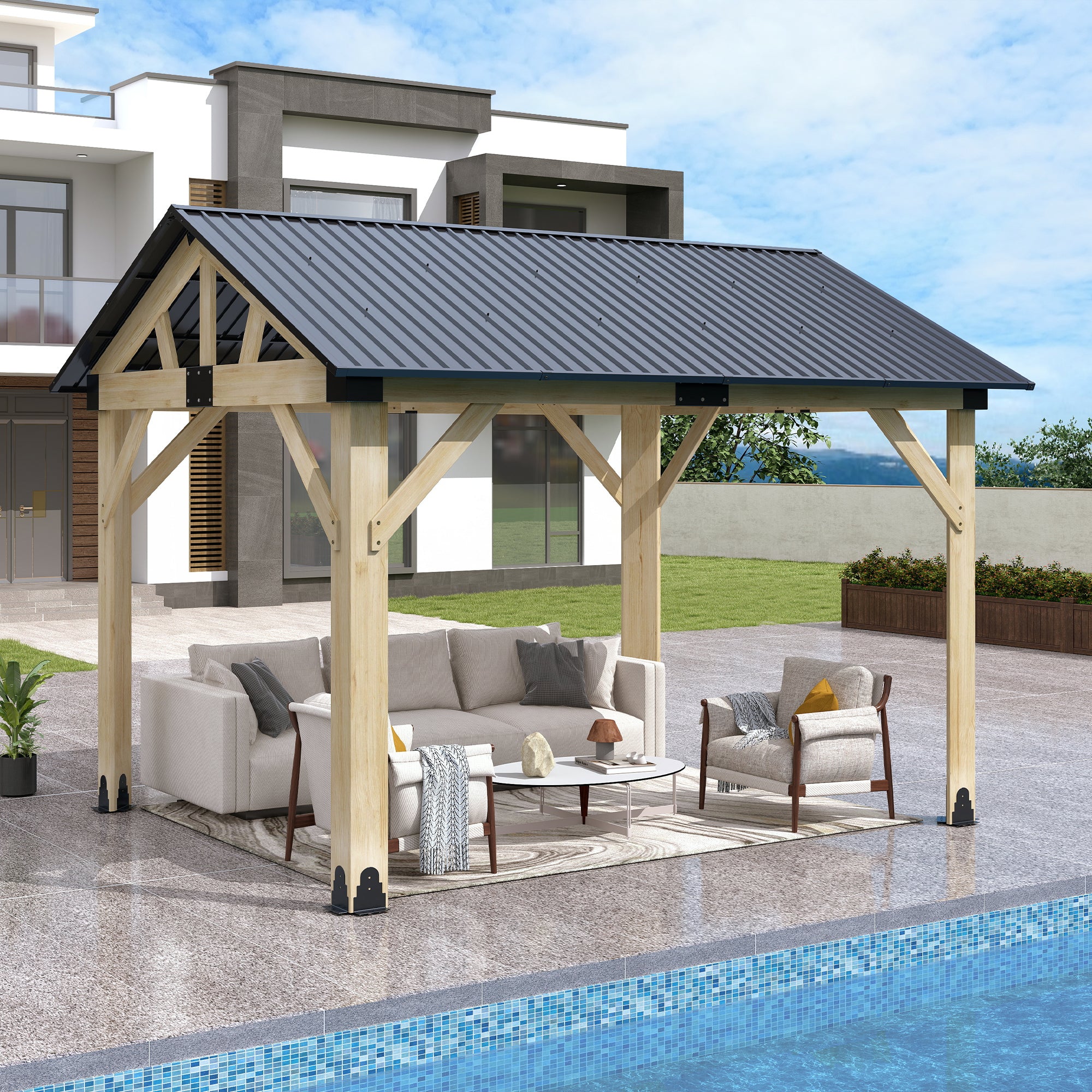 Outdoor Wooden Hardtop Gazebo with Galvanized Steel Roof – All-Weather Patio Shelter for Backyard, Deck & Garden