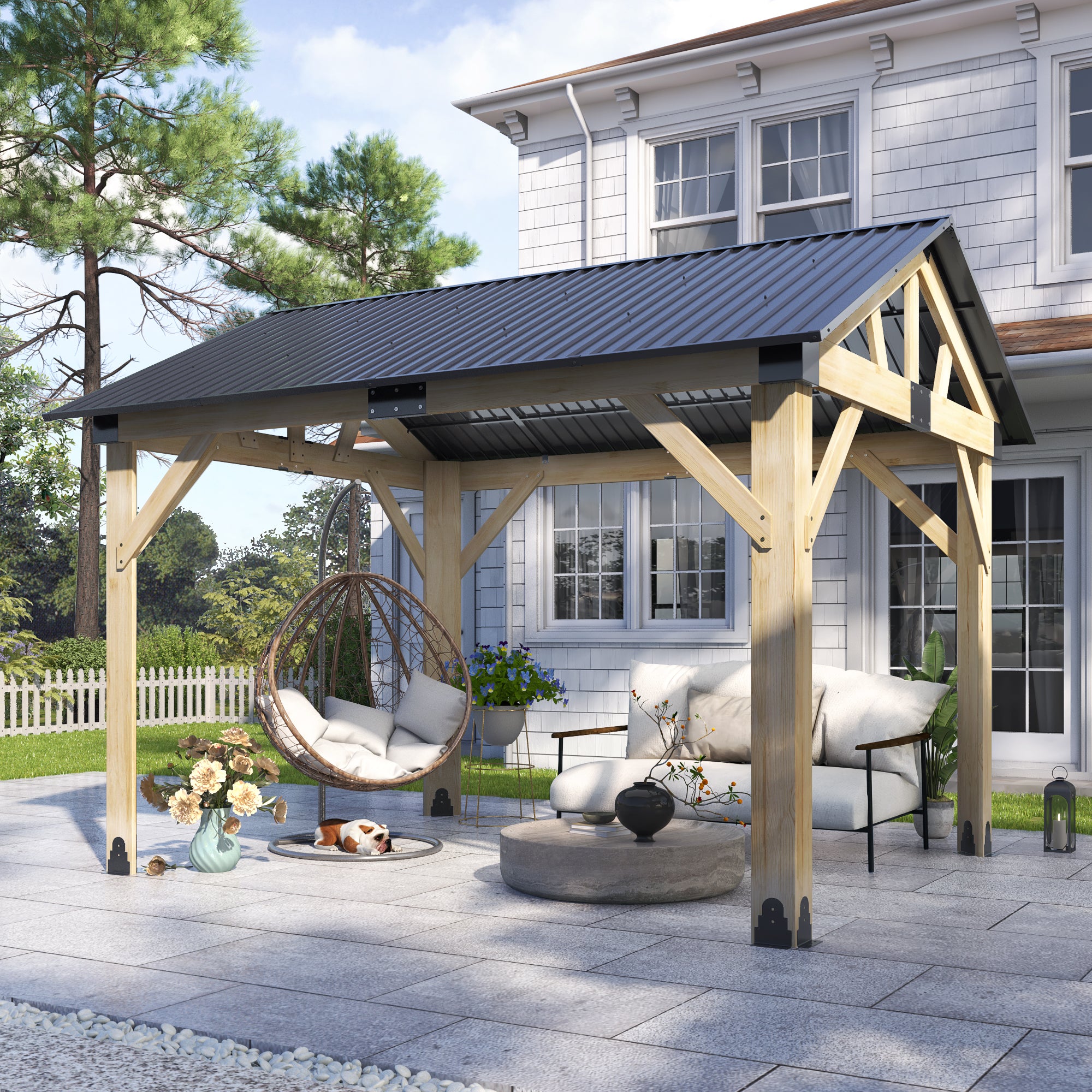 Multiple sizes Wooden Sloped Hardtop Gazebo（Curtains not included）