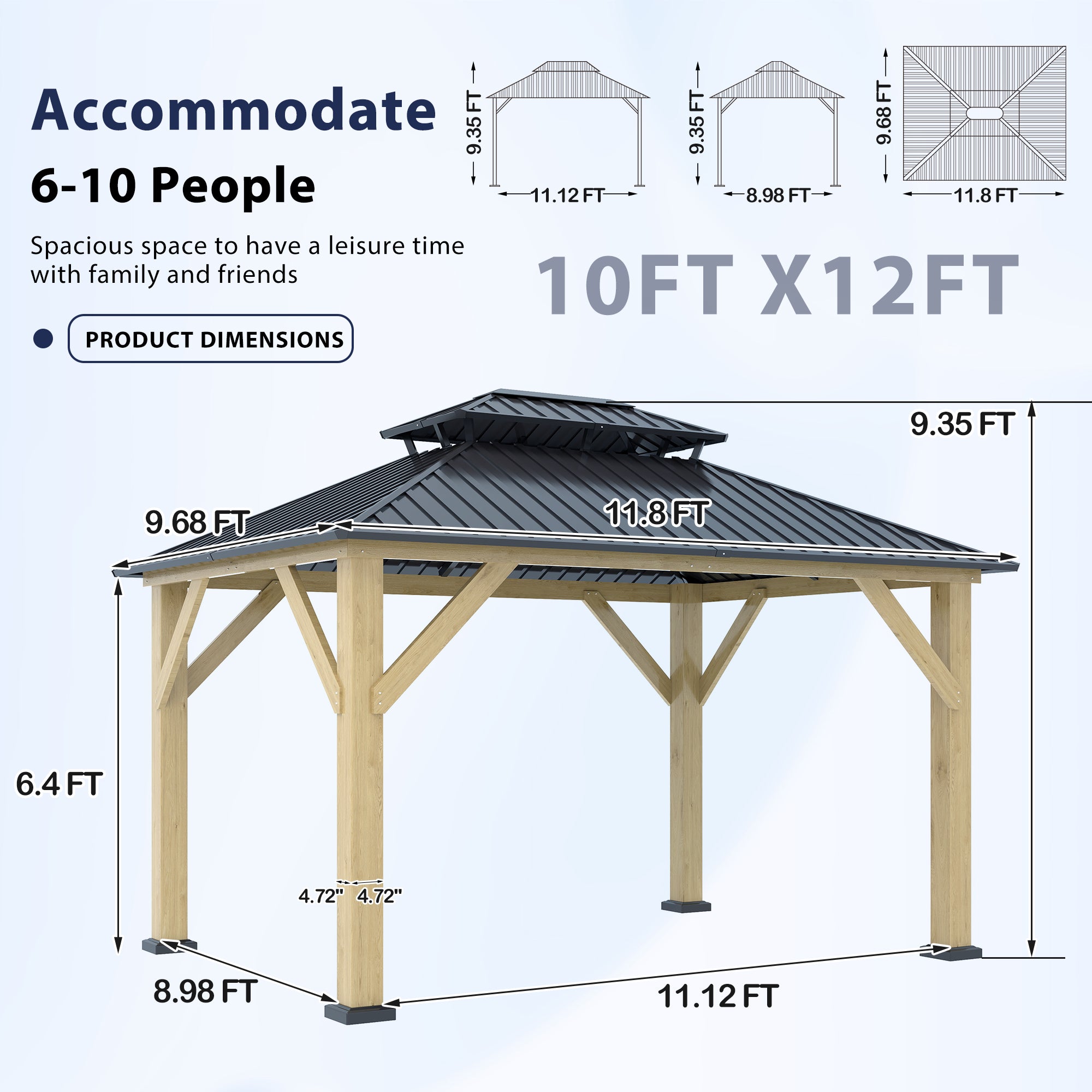 10×12 ft Natural Wooden Hardtop Gazebo