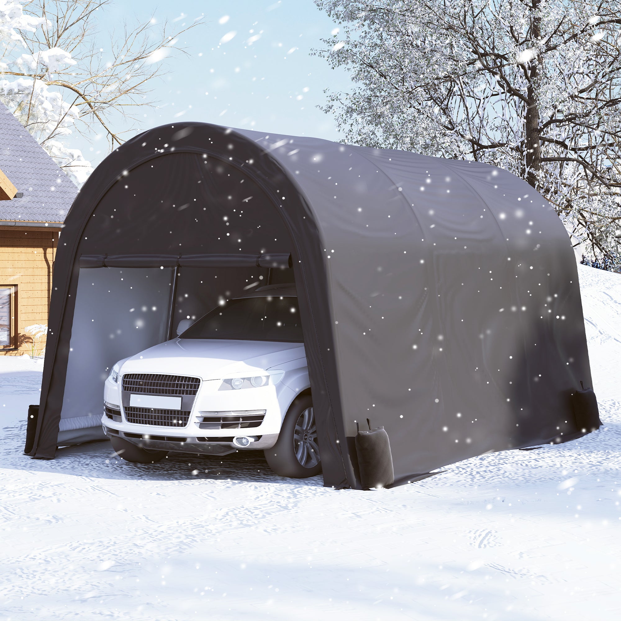 12×20 ft Dome Heavy Duty Steel Carport with 180G PE All-Season Roof, Roll-Up Windows & Sandbags