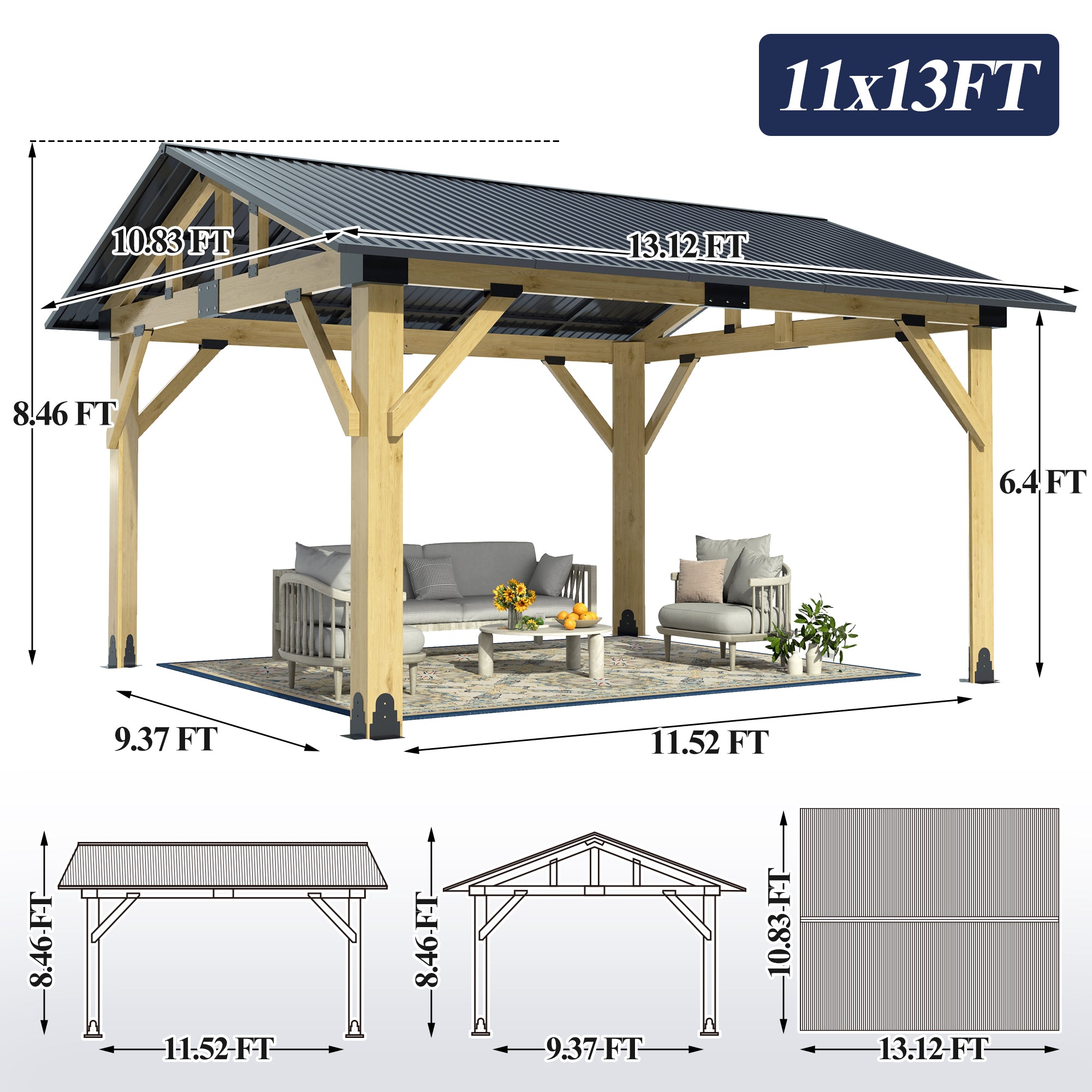 Multiple sizes Wooden Sloped Hardtop Gazebo（Curtains not included）