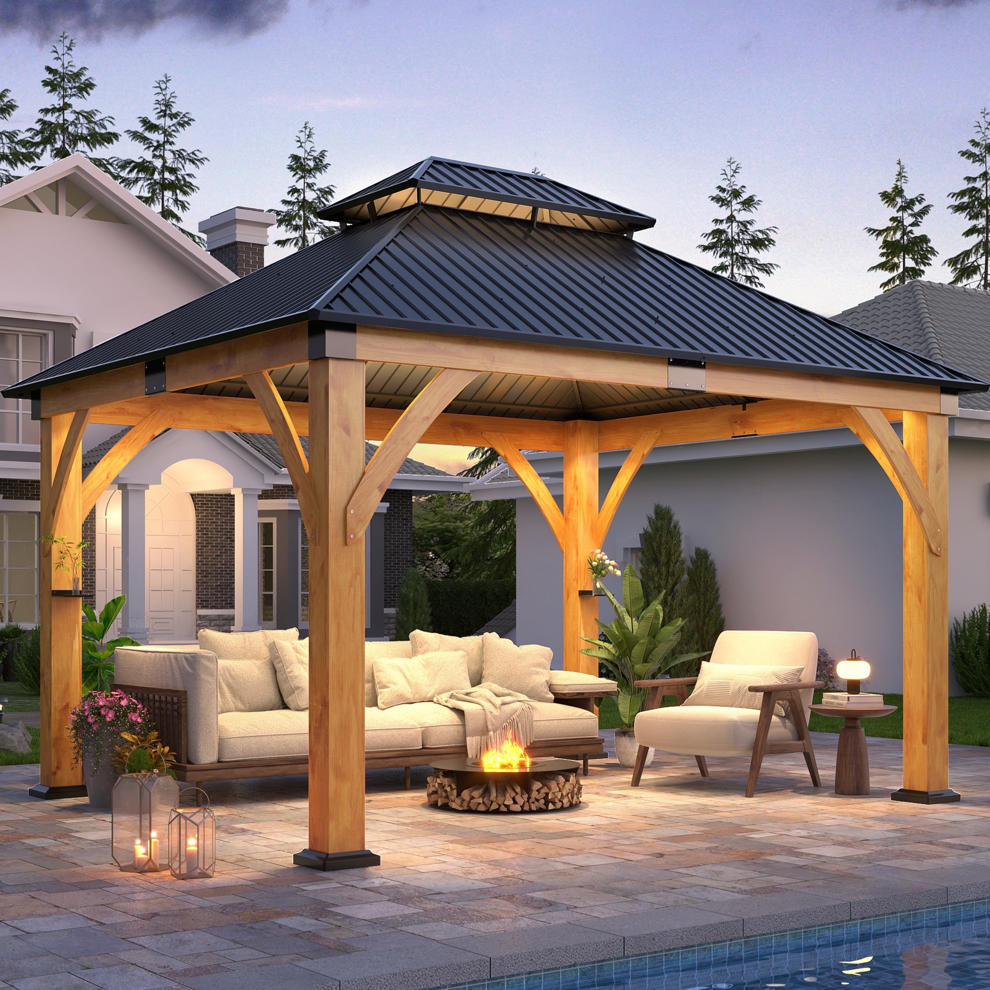 11×13 ft Spruce Wood Hardtop Gazebo with Double Roof