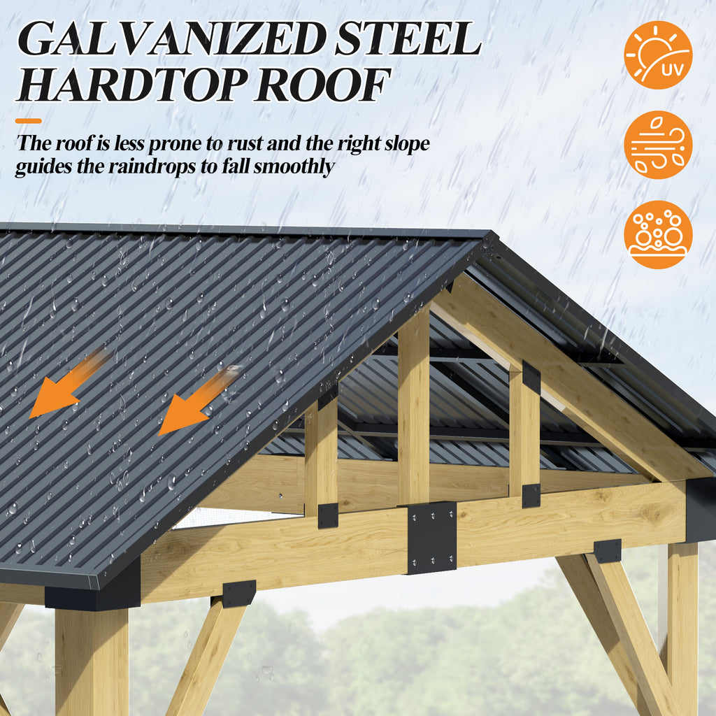 Outdoor Wooden Hardtop Gazebo with Galvanized Steel Roof – All-Weather Patio Shelter for Backyard, Deck & Garden
