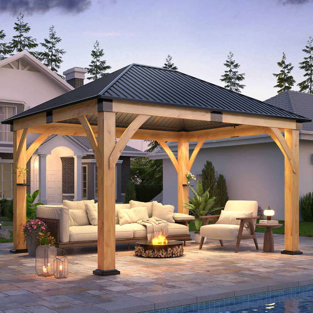 11×13 ft Spruce Wood Hardtop Gazebo with Single Roof