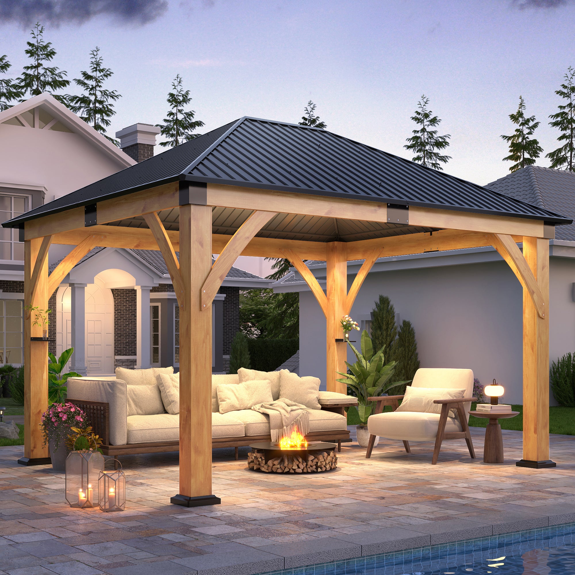 11×13 ft Spruce Wood Hardtop Gazebo with Single Roof