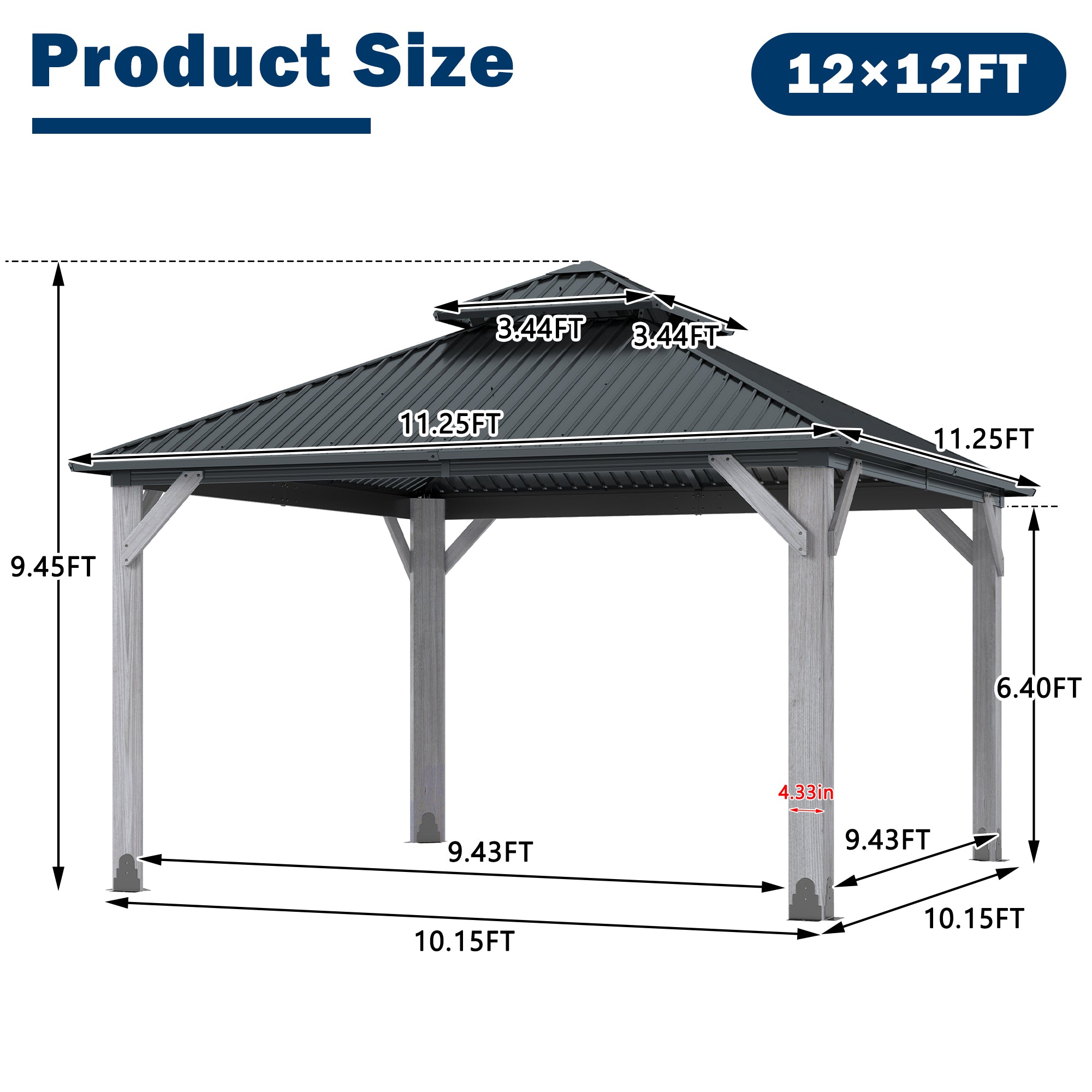 12×12 ft Wood Hardtop Gazebo